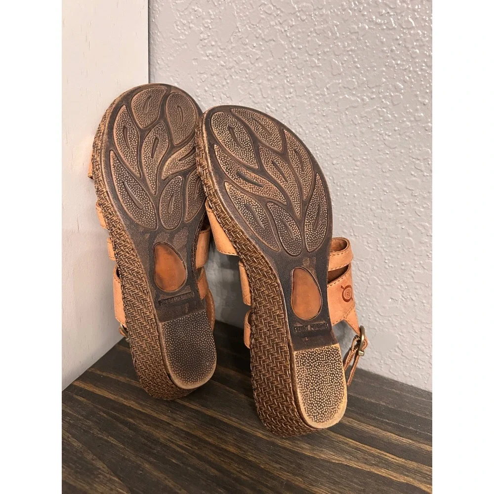 Born‎ Tan Leather Strappy Wedge Sandals 6M Slingback Boho Vacation Summer Spring